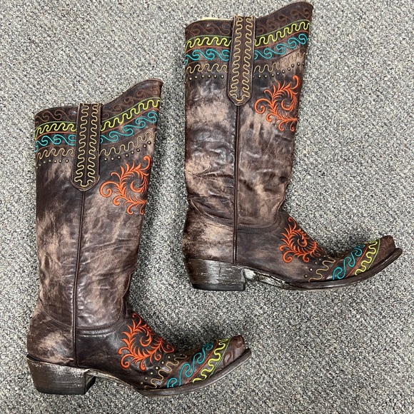 Old Gringo Zarape Brown Boots with Orange and Blue Embroidery, 8.5 - Picture 1 of 10